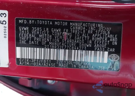 2007 Toyota Corolla Le from USA, damaged, VIN 2T1BR32E77C844271